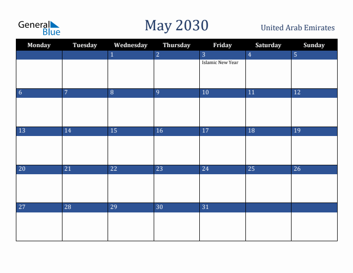 May 2030 United Arab Emirates Calendar (Monday Start)