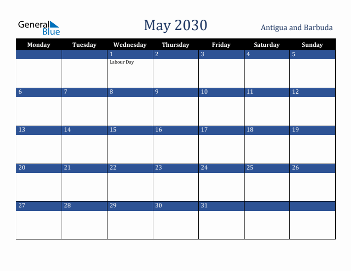 May 2030 Antigua and Barbuda Calendar (Monday Start)