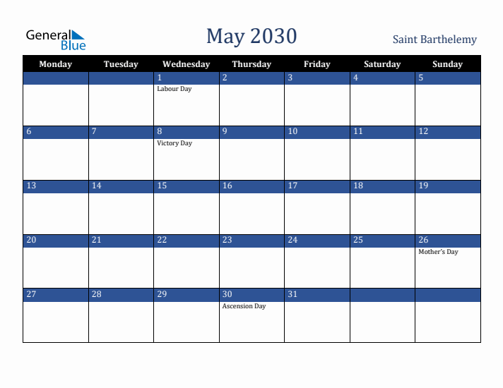 May 2030 Saint Barthelemy Calendar (Monday Start)