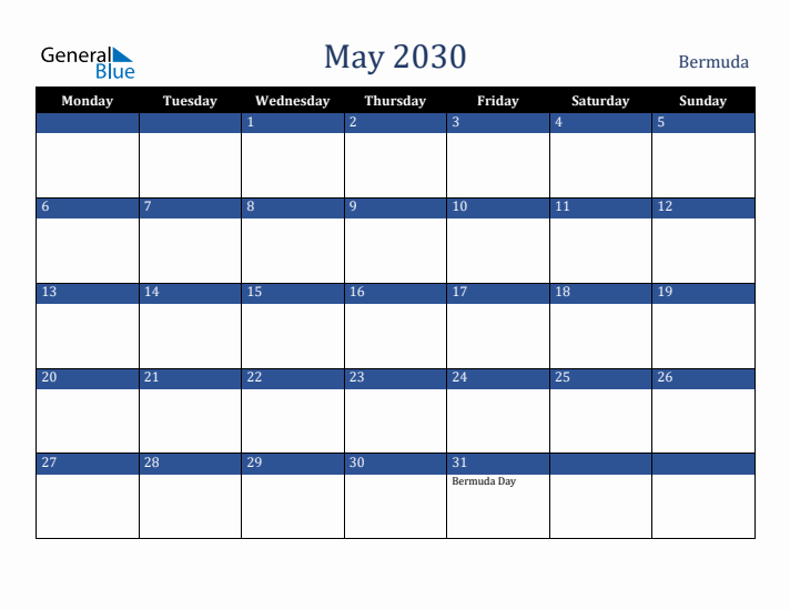 May 2030 Bermuda Calendar (Monday Start)