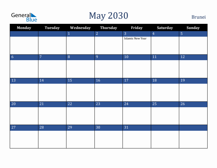 May 2030 Brunei Calendar (Monday Start)