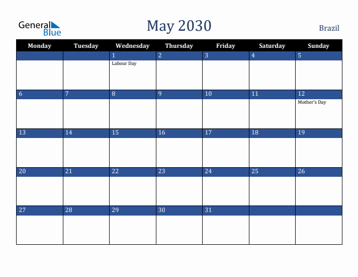 May 2030 Brazil Calendar (Monday Start)