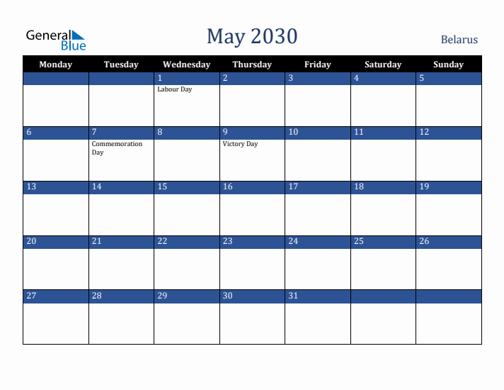 May 2030 Belarus Calendar (Monday Start)
