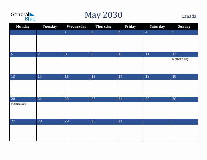 May 2030 Canada Calendar (Monday Start)