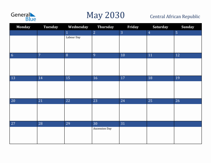 May 2030 Central African Republic Calendar (Monday Start)