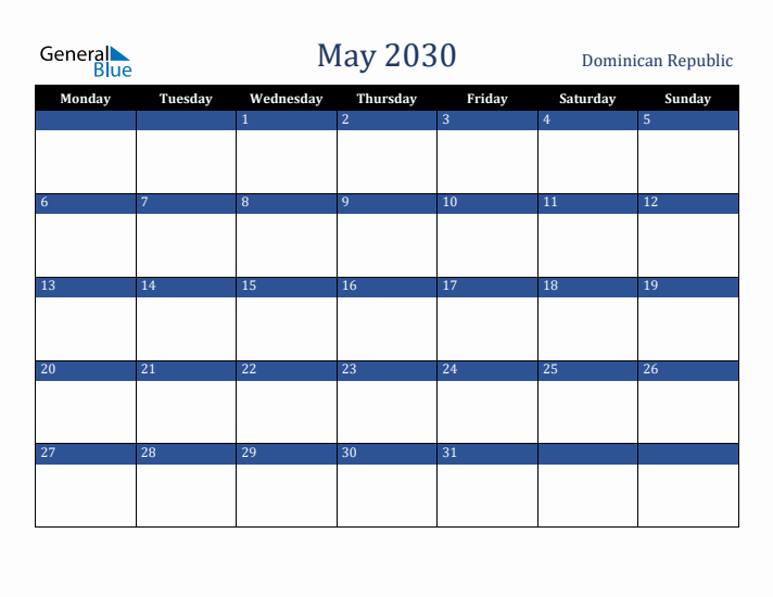 May 2030 Dominican Republic Calendar (Monday Start)