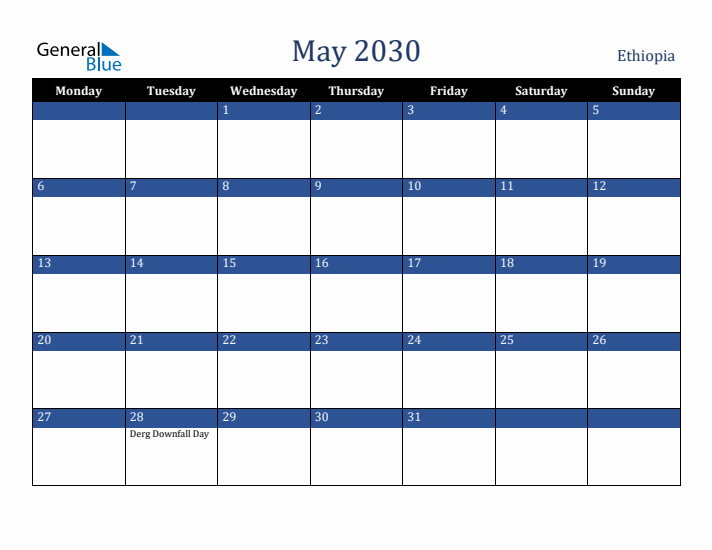 May 2030 Ethiopia Calendar (Monday Start)