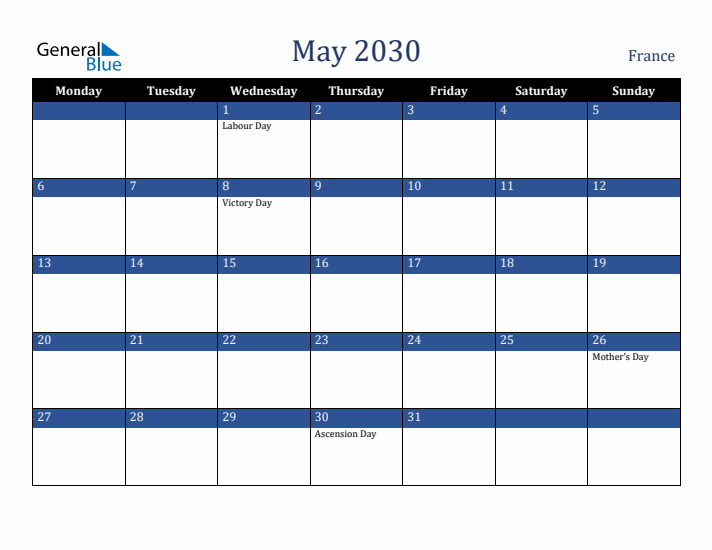 May 2030 France Calendar (Monday Start)