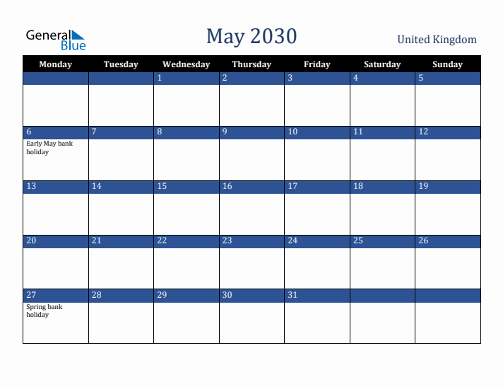 May 2030 United Kingdom Calendar (Monday Start)