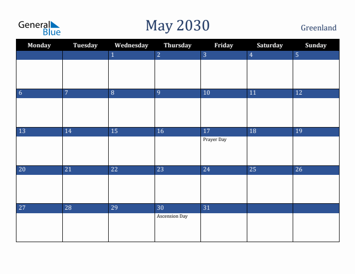May 2030 Greenland Calendar (Monday Start)