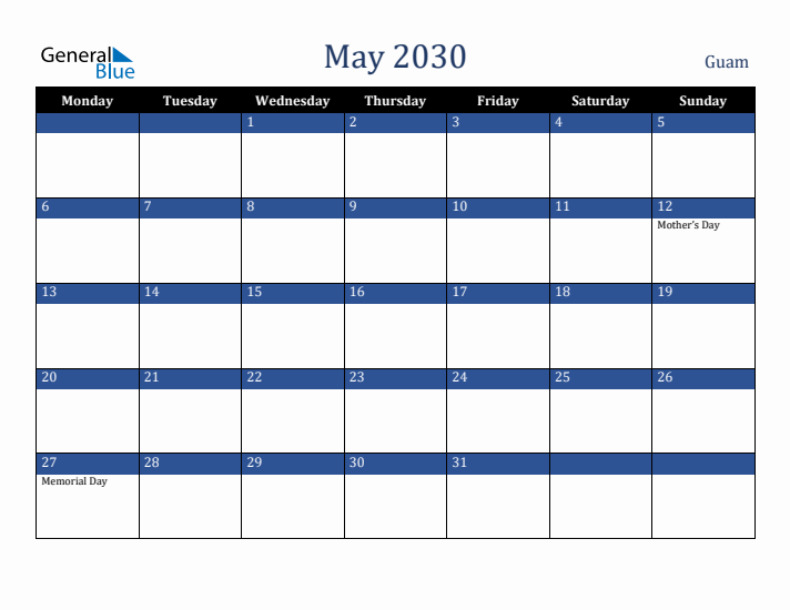 May 2030 Guam Calendar (Monday Start)