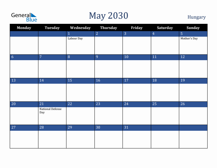 May 2030 Hungary Calendar (Monday Start)