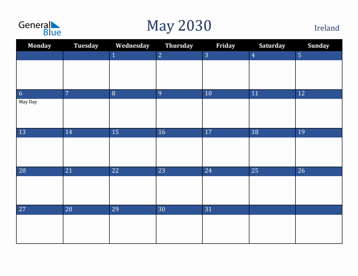 May 2030 Ireland Calendar (Monday Start)