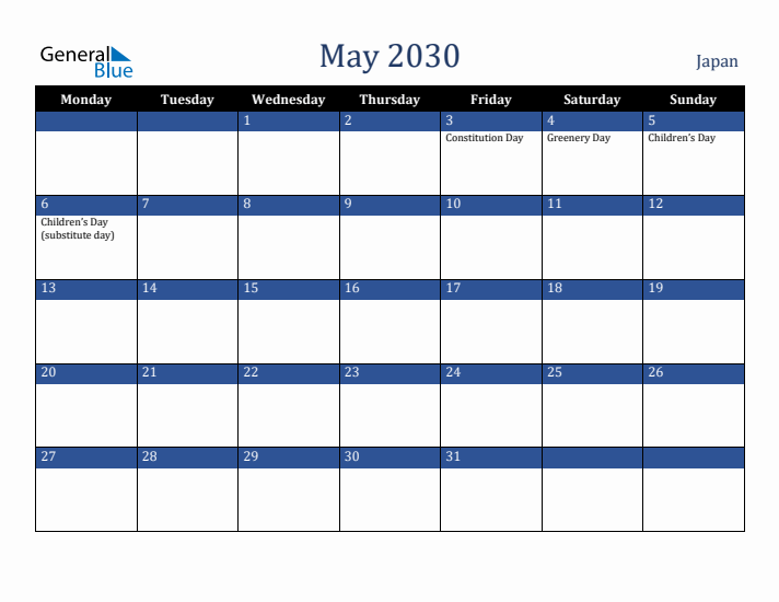 May 2030 Japan Calendar (Monday Start)