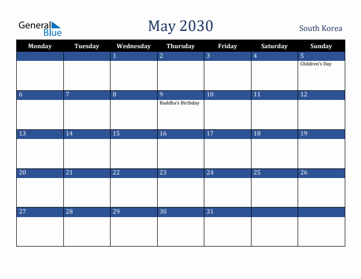 May 2030 South Korea Calendar (Monday Start)