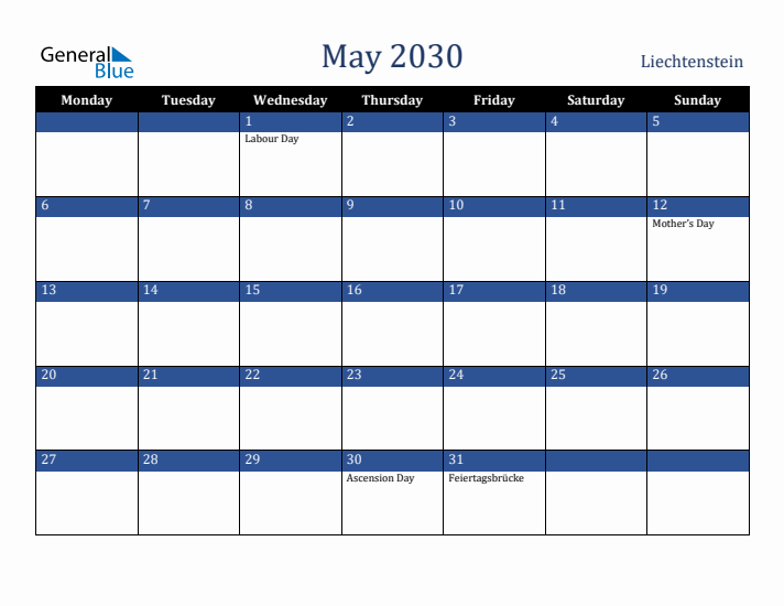 May 2030 Liechtenstein Calendar (Monday Start)