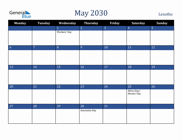 May 2030 Lesotho Calendar (Monday Start)