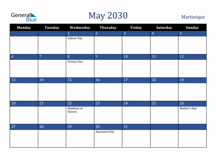 May 2030 Martinique Calendar (Monday Start)