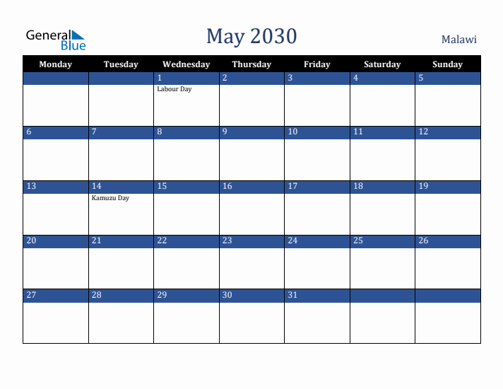 May 2030 Malawi Calendar (Monday Start)