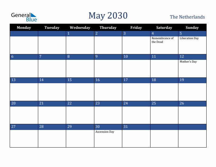 May 2030 The Netherlands Calendar (Monday Start)
