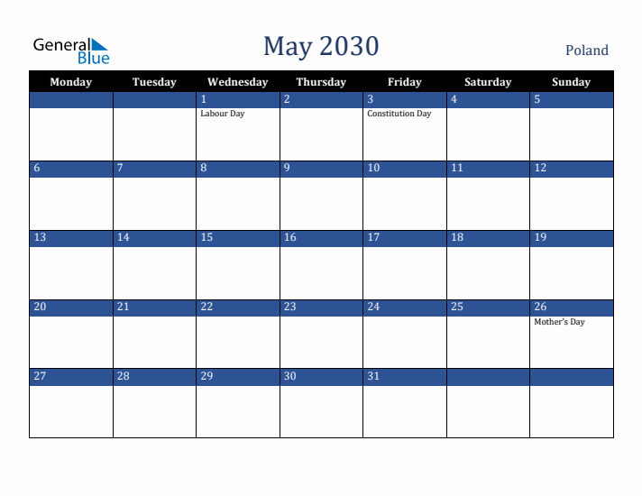 May 2030 Poland Calendar (Monday Start)