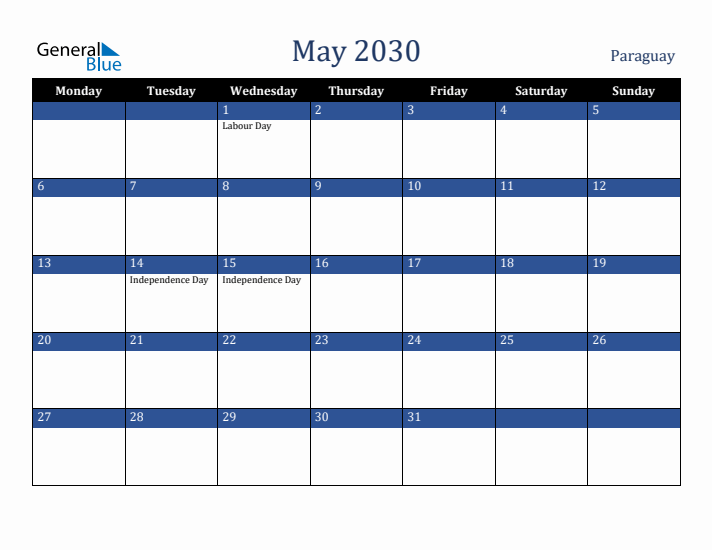 May 2030 Paraguay Calendar (Monday Start)
