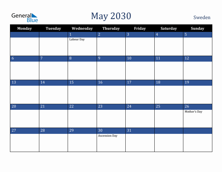 May 2030 Sweden Calendar (Monday Start)
