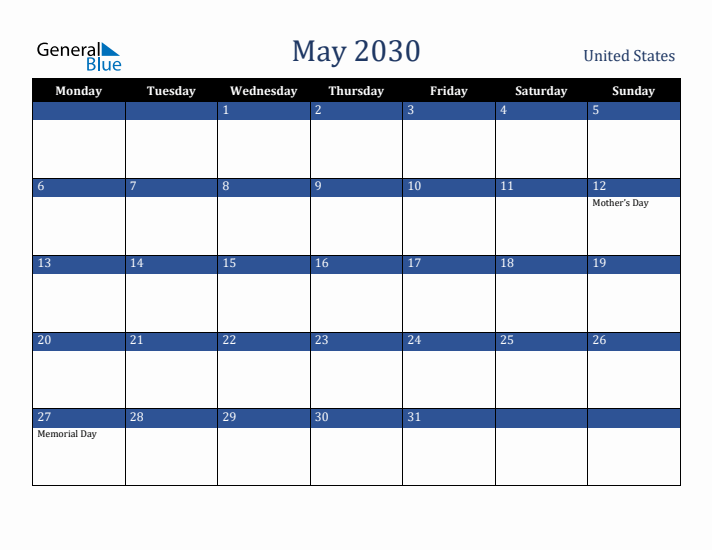 May 2030 United States Calendar (Monday Start)