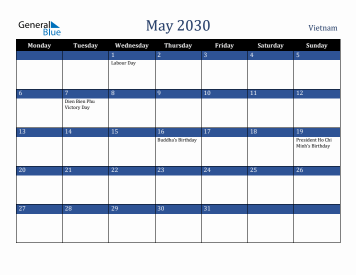 May 2030 Vietnam Calendar (Monday Start)