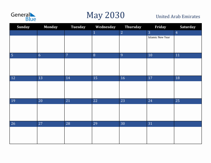 May 2030 United Arab Emirates Calendar (Sunday Start)