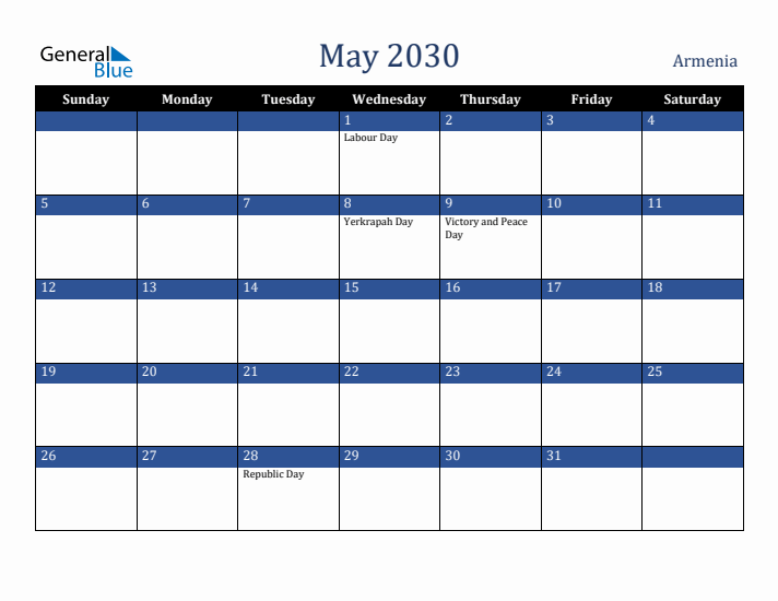 May 2030 Armenia Calendar (Sunday Start)