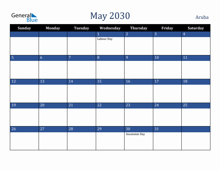 May 2030 Aruba Calendar (Sunday Start)