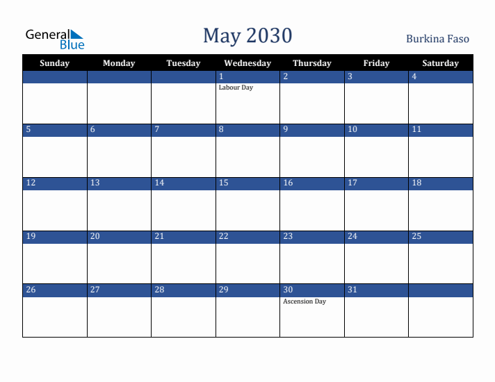May 2030 Burkina Faso Calendar (Sunday Start)