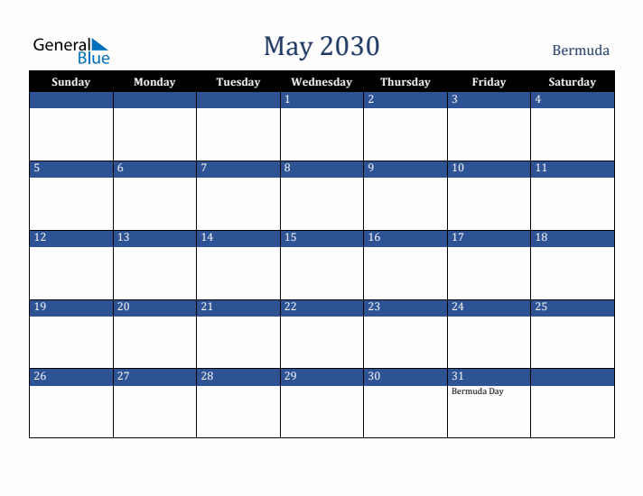 May 2030 Bermuda Calendar (Sunday Start)