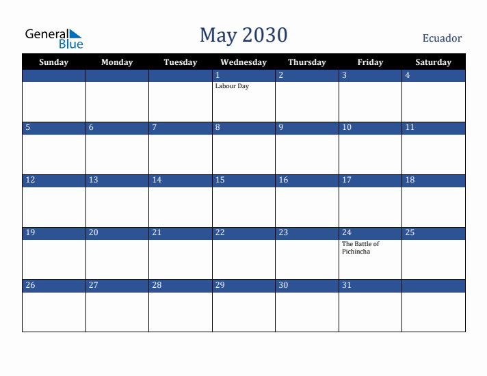 May 2030 Ecuador Calendar (Sunday Start)