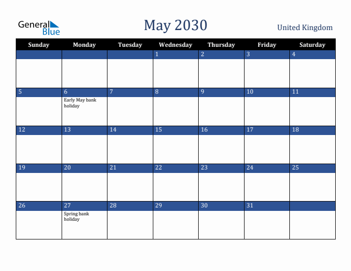 May 2030 United Kingdom Calendar (Sunday Start)