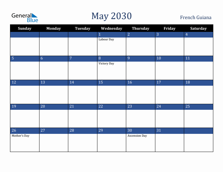 May 2030 French Guiana Calendar (Sunday Start)