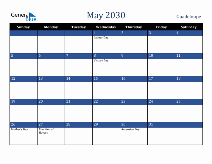 May 2030 Guadeloupe Calendar (Sunday Start)