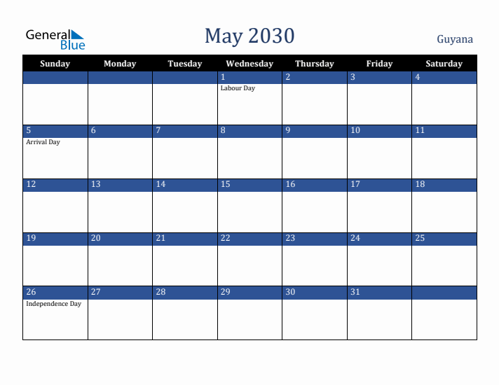 May 2030 Guyana Calendar (Sunday Start)