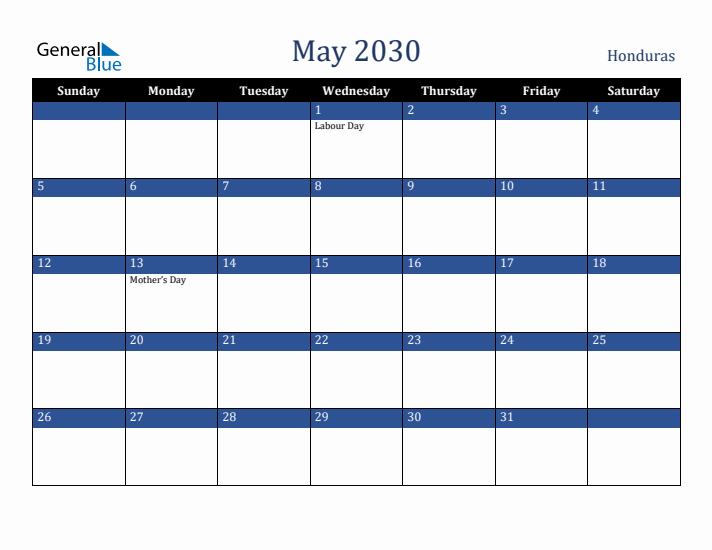 May 2030 Honduras Calendar (Sunday Start)
