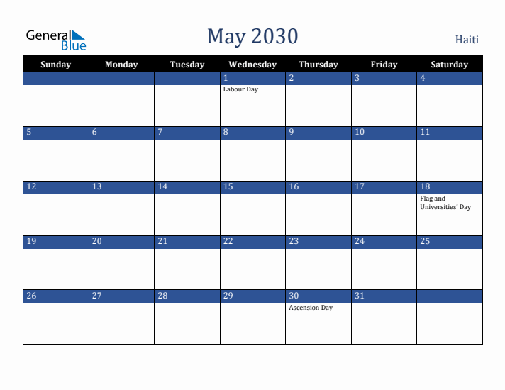 May 2030 Haiti Calendar (Sunday Start)