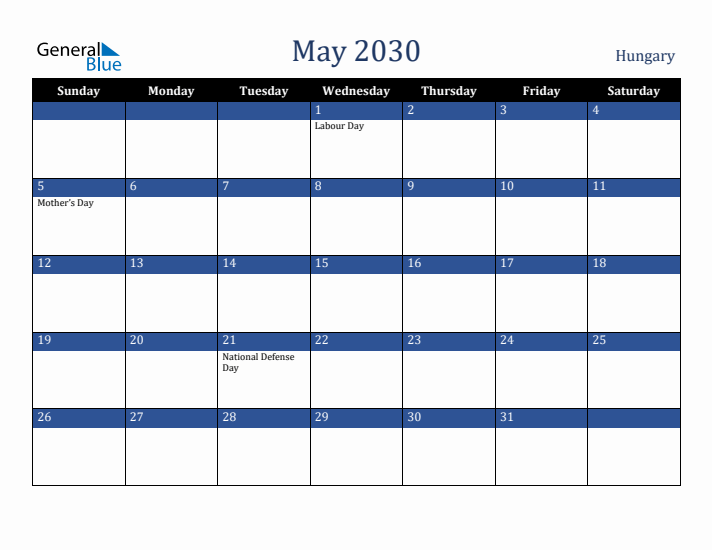 May 2030 Hungary Calendar (Sunday Start)