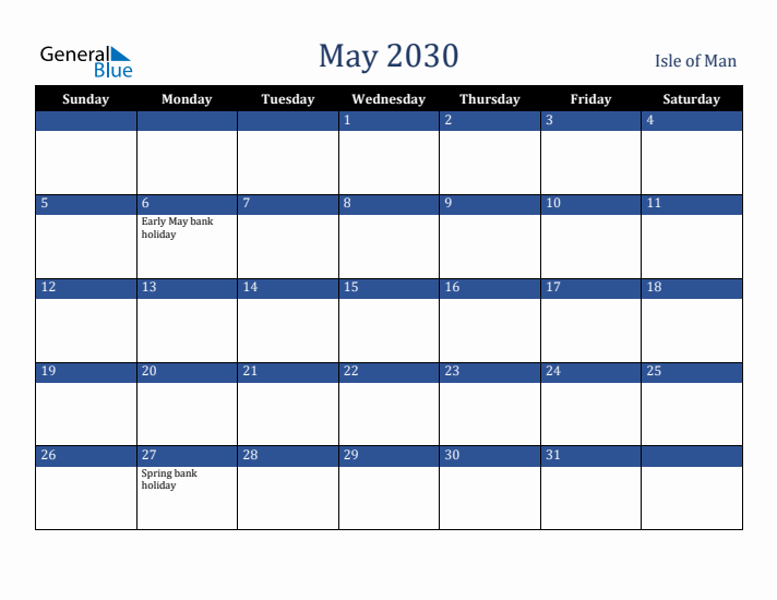 May 2030 Isle of Man Calendar (Sunday Start)