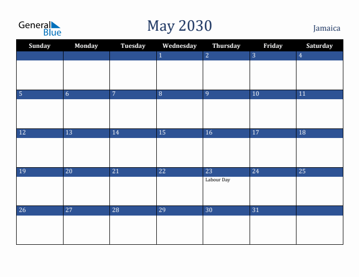 May 2030 Jamaica Calendar (Sunday Start)