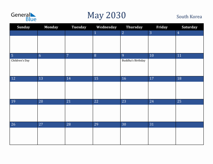 May 2030 South Korea Calendar (Sunday Start)