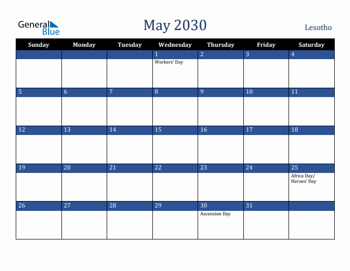 May 2030 Lesotho Calendar (Sunday Start)