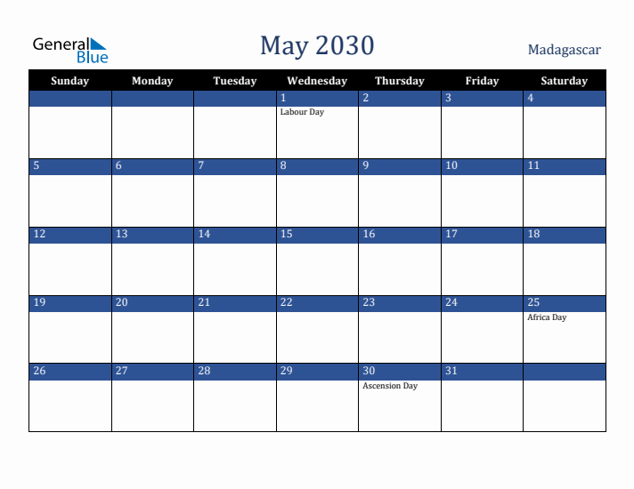 May 2030 Madagascar Calendar (Sunday Start)
