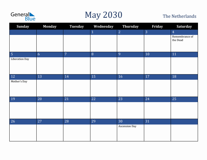 May 2030 The Netherlands Calendar (Sunday Start)