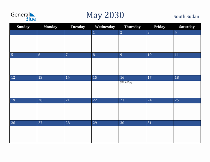 May 2030 South Sudan Calendar (Sunday Start)