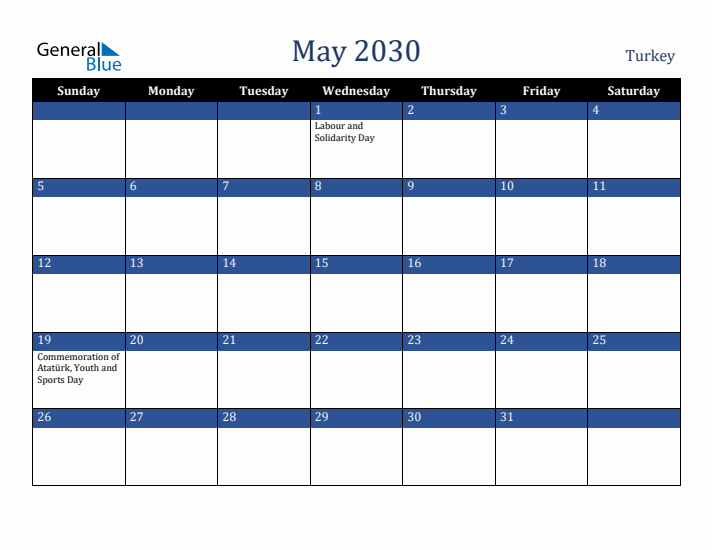 May 2030 Turkey Calendar (Sunday Start)